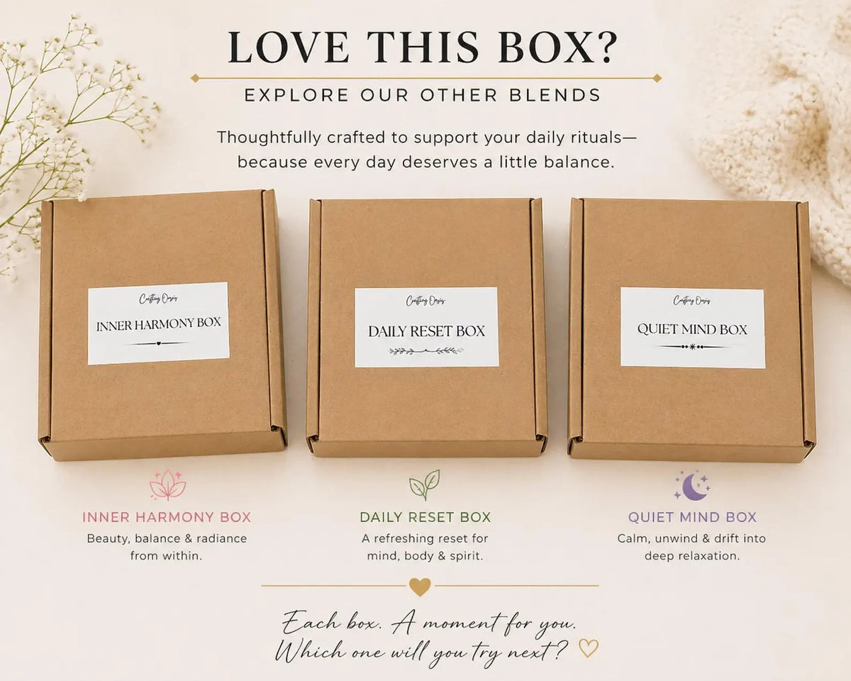 Three cardboard boxes labeled 'Inner Harmony Box', 'Daily Reset Box', and 'Quiet Mind Box' on a light background.