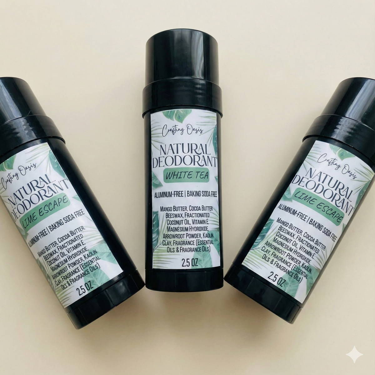 Three bottles of natural deodorant with labels on a beige background